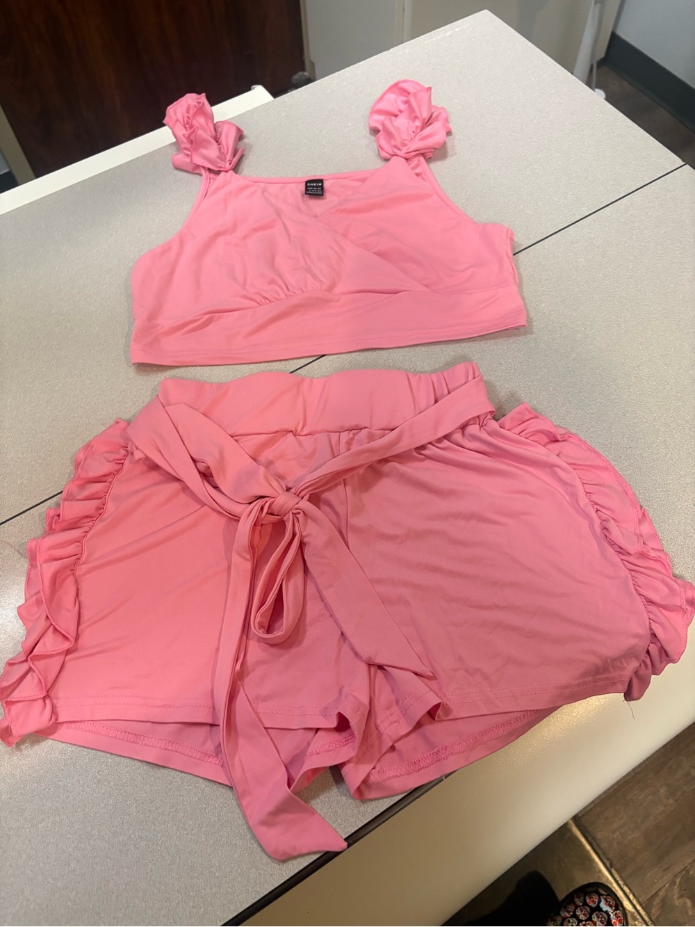 SHEIN Pink Ruffled Crop Top & Shorts Set
